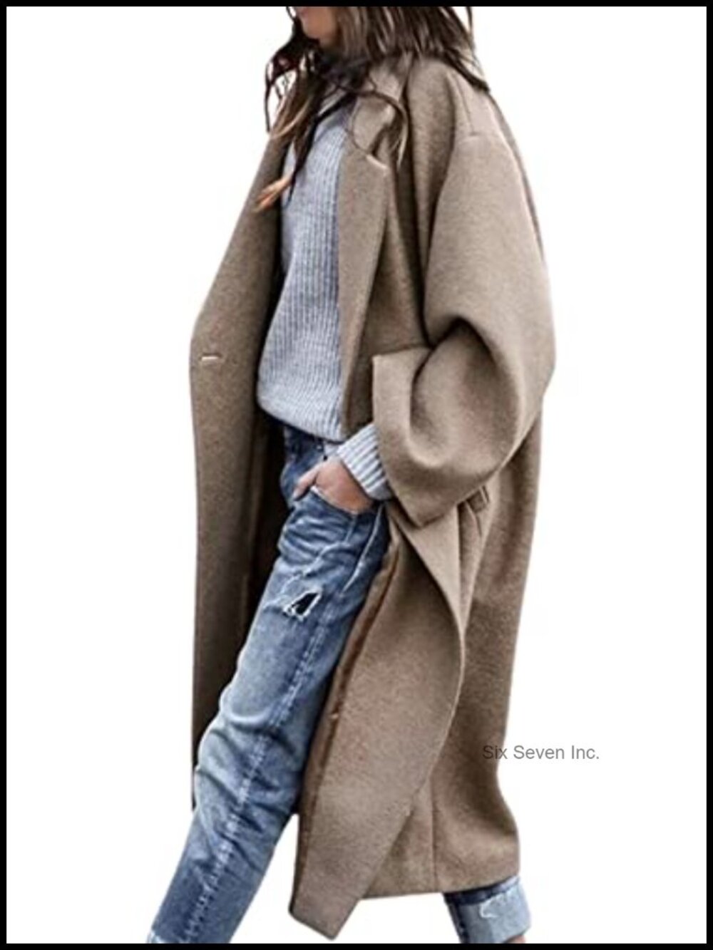 Oversized Wool Blend Trench Coat Notched Collar Midi Long Button Up